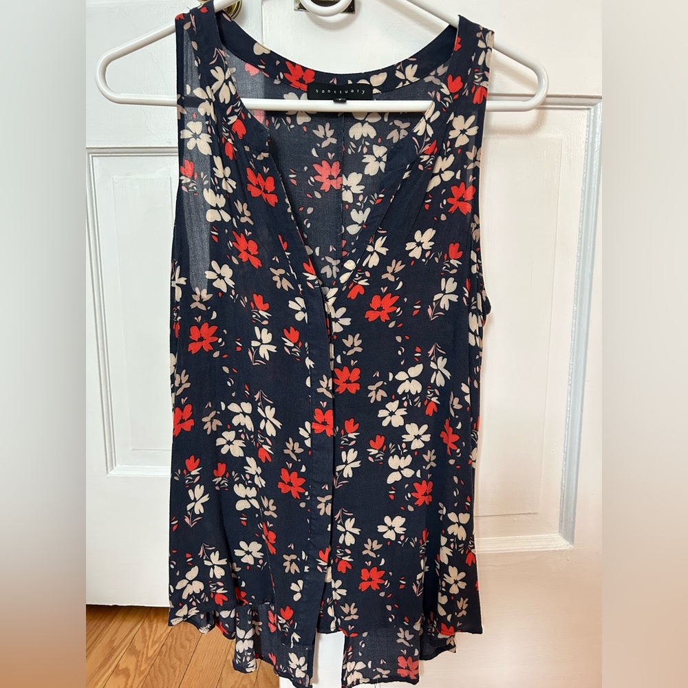Sanctuary Floral Sleeveless V-Neck Blouse - Navy with Red & Cream Flowers